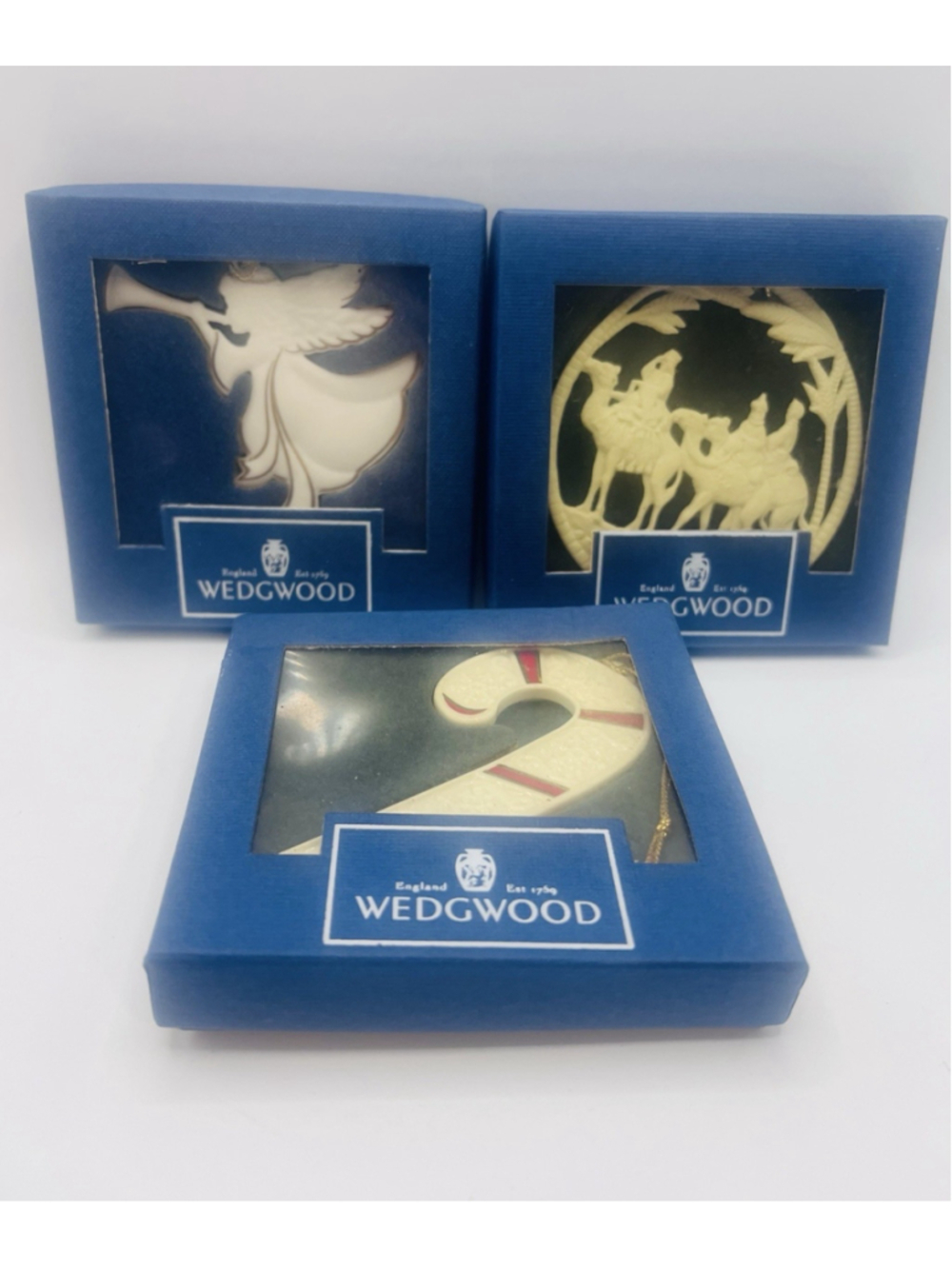 Wedgwood Ornaments White Jasper Candy Cane We Three Kings Cherub Girl ~ Set of 3